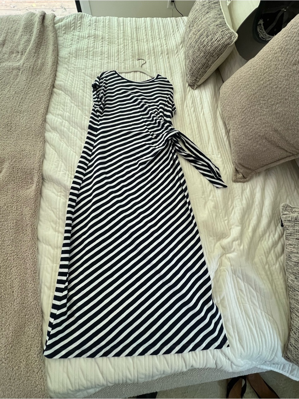 LOFT Navy and White Diagonal Stripe Tie-Waist Maxi Dress